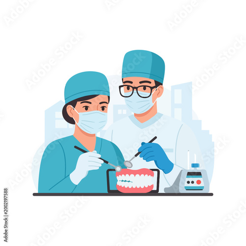 Flat vector illustration of two dental professionals in scrubs and surgical masks using mirrors to examine a prosthetic jaw model with teeth on a white background with abstract buildings.