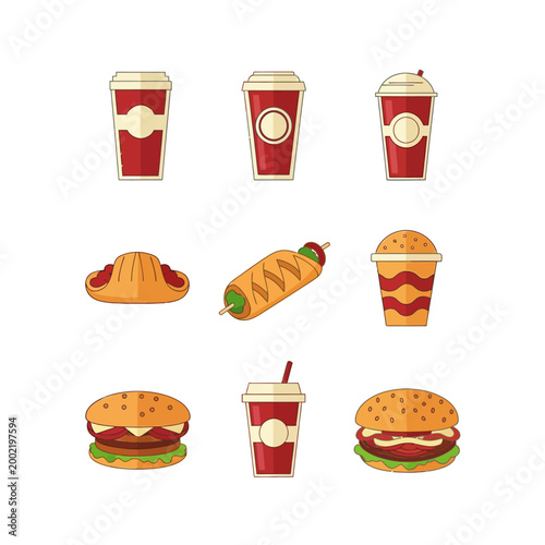 Set of vector fast food illustrations including burgers with sesame seed buns, red disposable coffee cups, soda with straws, a taco, and a wrap sandwich isolated on white background.