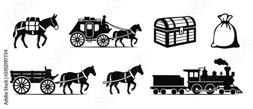 Wild West Transportation Set: Stagecoach, Steam Train, Wagon and Pack Mule Silhouettes for Historical Design Projects, Frontier Travel Icons, Vintage Logistics Collection, Isolated Black Vector Graphi