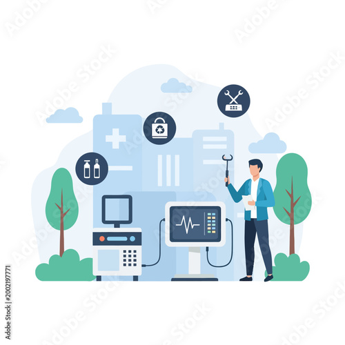 Flat vector illustration of a technician inspecting medical diagnostic machines and heartbeat monitors in a hospital setting with icons for maintenance and healthcare waste management.