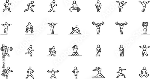 Set of stick figures performing various exercises and fitness activities