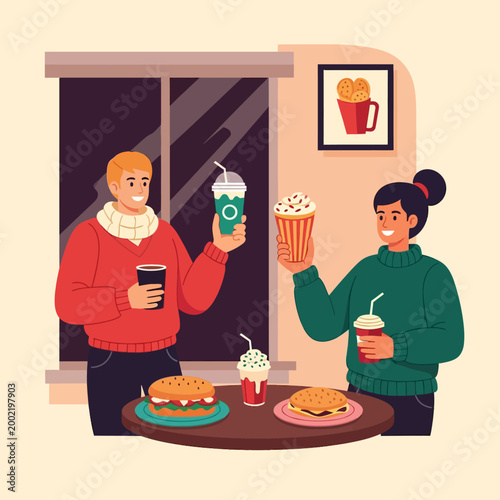 Vector illustration of a young man and woman wearing sweaters eating fast food, including hamburgers, milkshakes, and popcorn, while standing by a table in a cafe with a window.