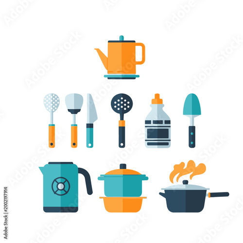 Set of flat vector kitchenware icons featuring an electric kettle, orange teapot, steaming frying pan, cooking pot, slotted spoon, spatula, kitchen knife, and condiment bottle isolated.