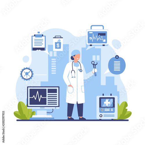 Vector illustration of a female physician in a white lab coat with a stethoscope holding surgical tools, featuring healthcare icons like heart rate monitors, clipboards, and data.