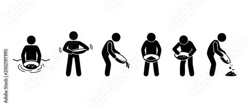 Gold Panning Process Icon Set, Prospecting Miner Steps with Sieve Basin, Panning for Gold in River, Extraction Procedure, Treasure Hunting Guide, Sequential Stick Figure Illustration for Mining Instru