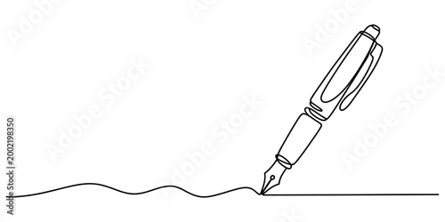 Continuous single line drawing of a classic fountain pen writing a straight line on paper for business and creative writing concept art Vector, illustration