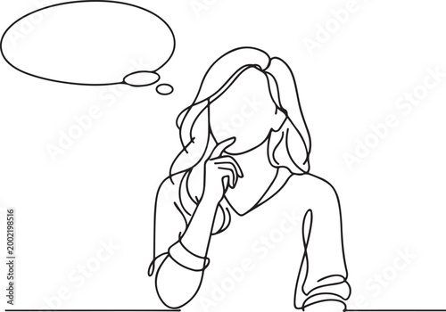 Skeptical woman with hand on chin line drawing vector illustration for thinking doubt questioning and thoughtful female expression concept