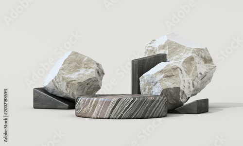 Abstract stone podium scene with natural rocks marble platform and dark geometric blocks on neutral background for premium product display mockup. 3d rendering.
