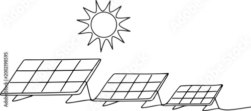 Solar power photovoltaic system line drawing vector illustration for clean energy rooftop panels and sustainable electricity concept