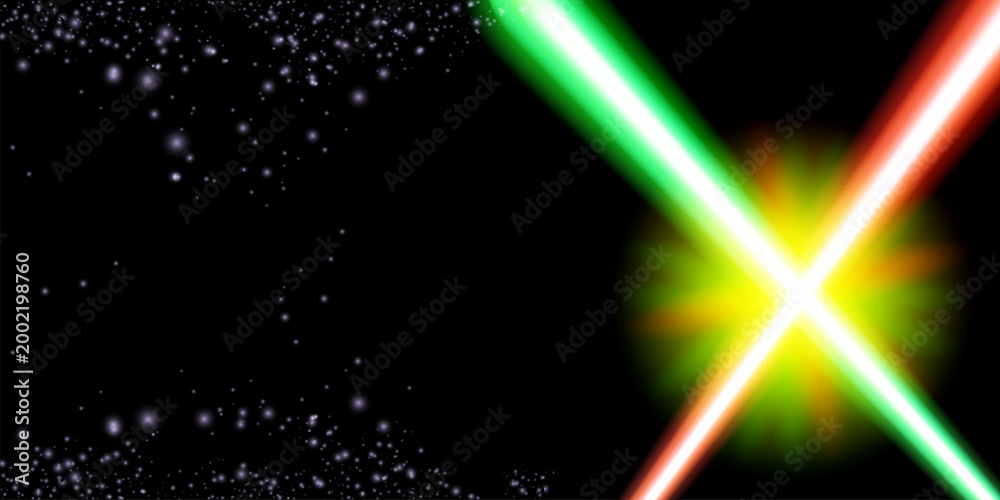 Fototapeta premium May The 4th Be With You with neon glowing lighting green and red laser sword. Star war day poster design template. vector illustration