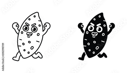 Cartoon outline and solid black silhouette of a running potato character expressing energy and fun in a playful illustration