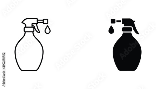 Outline and solid black silhouette of a spray bottle with a drop of liquid representing cleaning products and liquid dispensing