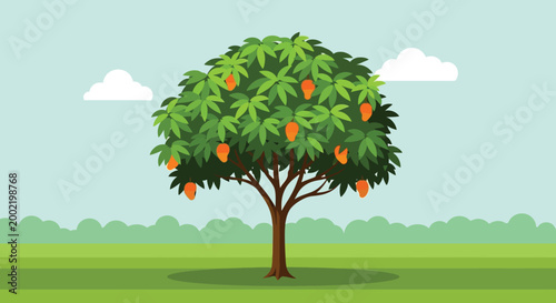 Pixel art mango tree with ripe orange fruits in a green summer field