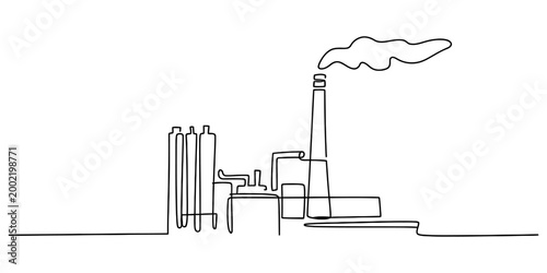 Industrial factory building with smoke stack drawn in a continuous single black line art style representing modern manufacturing and production Vector, illustration