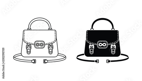 Outline and solid silhouette of a modern satchel handbag with shoulder strap and buckle details on a white background vector graphic illustration