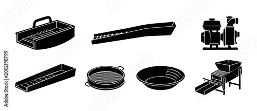 Canvas Print Gold Mining Equipment Icons Set, Sluice Box and Panning Tools Vector