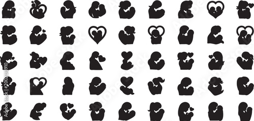 Collection of black family embrace silhouette icons with black and white background silhouette together affection relationship intimacy illustration abstract minimalist