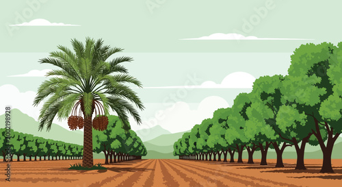 Palm tree standing in a green orchard with rows of fruit trees