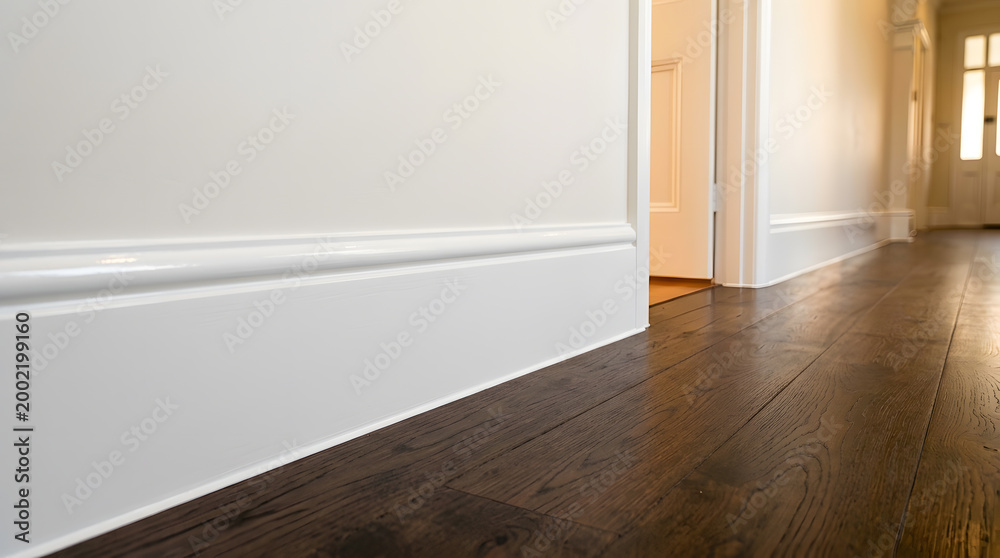 Fototapeta premium Modern White Skirting Board on Dark Wood Floor | Elegant Interior Design Detail with Classic Baseboard Moulding | High Quality Home Renovation with Polished Hardwood Flooring | Contemporary Style
