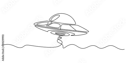 Continuous single line drawing of an alien flying saucer ufo spacecraft floating in the sky for science fiction space exploration concepts Vector, illustration