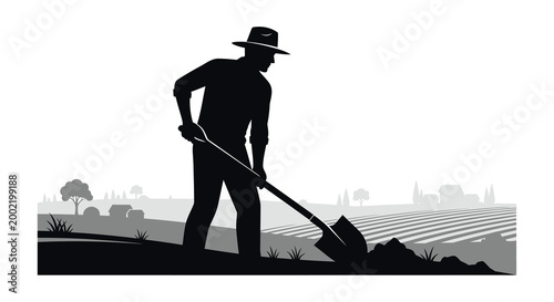 farmer working with shovel in rural landscape silhouette high quality professional detailed modern elegant stylish clean crisp vibrant colorful digital creative