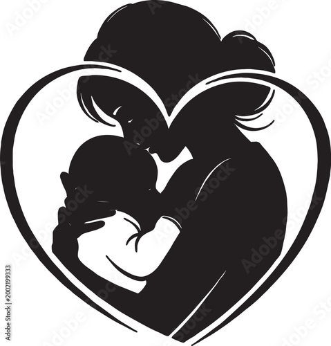 Mother and baby silhouette embracing inside a heart shape illustrating love and maternal bond silhouette maternal tenderness affection motherhood childhood upbringing connection