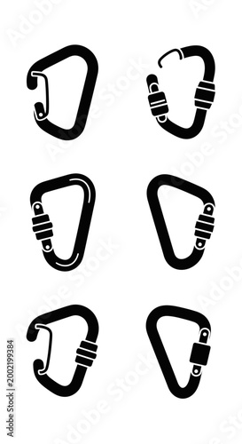 Set of Climbing Carabiner Icons: Locking, Non-Locking, D-Shape, Oval