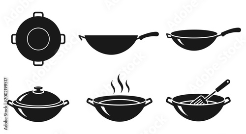Wok Collection: Top View, Side View, With Lid, Steaming, and Utensil