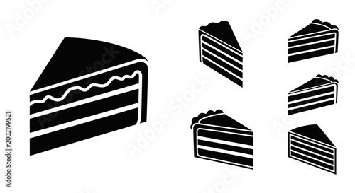 Black Cake Slices Icons Set, Sweet Dessert Vector Graphics
