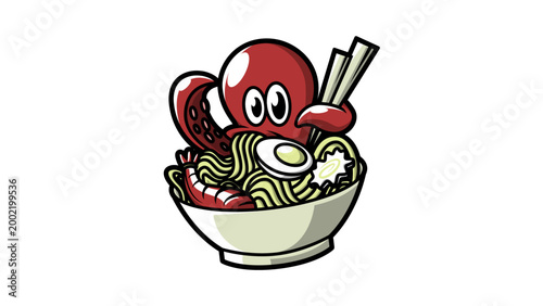 Cute octopus eating noodles from bowl with chopsticks