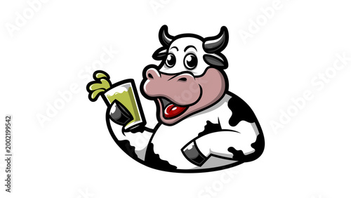 Cartoon cow holding glass of green juice happy and smiling