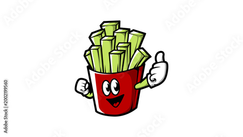 Funny cartoon french fries in a red bucket with a smiling face and thumbs up