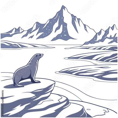 antarctic seal on ice floe with snowy mountains high quality professional
