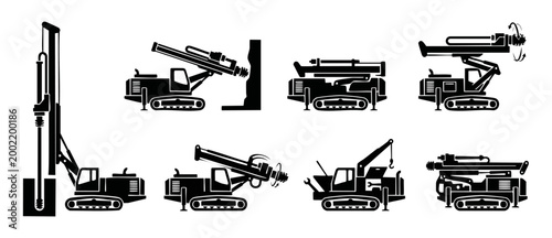 Bild auf Leinwand Drilling Rig Machine Icon Set, Industrial Construction Equipment Vector Graphics