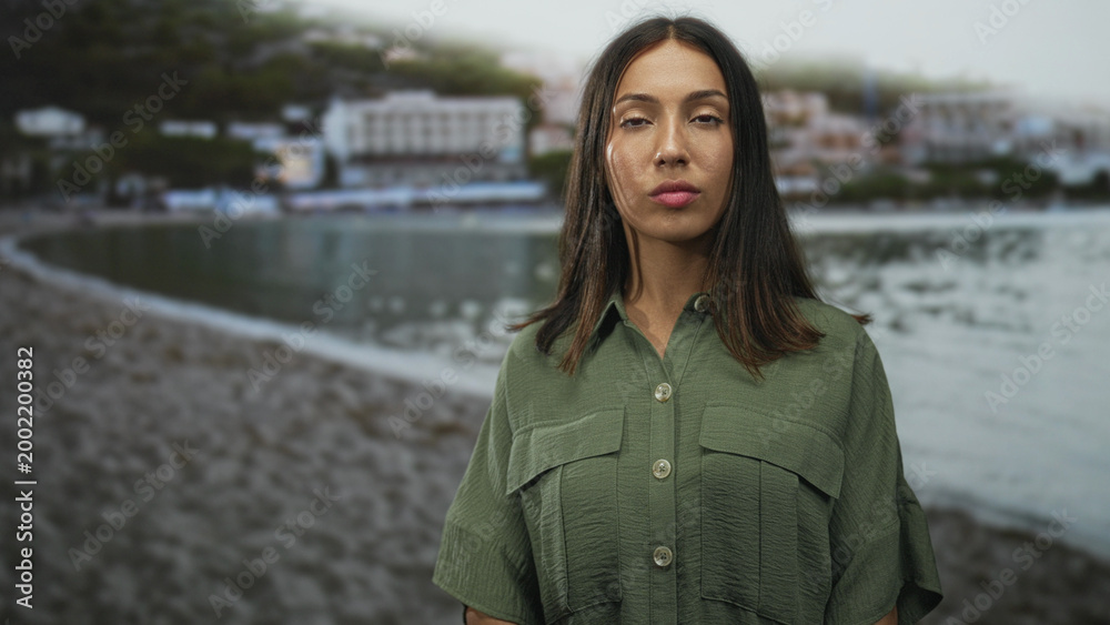 Obraz premium Young hispanic woman face looking to sea on beach in khaki green shirt, profile pose with chin slightly raised and steady gaze to horizon; quiet confidence.