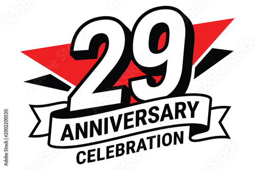 Bold 29th anniversary celebration logo featuring dynamic red and black typography with starburst accents on clean white background