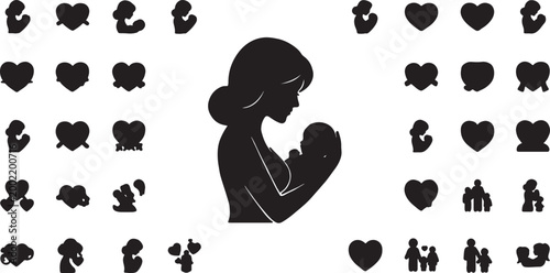 Silhouette of mother holding baby surrounded by heart icons and family symbols with connection togetherness affection relationship maternity parenthood nurturing silhouette