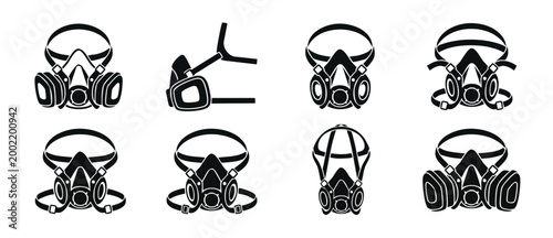 Respirator mask icon set, industrial safety breathing equipment, chemical gas protection gear and professional protective face masks for hazardous environment, collection of black vector illustrations
