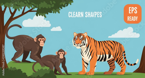 Tiger and Monkeys in a Jungle Setting.