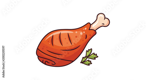 Perfectly grilled chicken drumstick, complete with its bone and garnished with fresh parsley, is presented as a succulent and savory protein-rich meal.