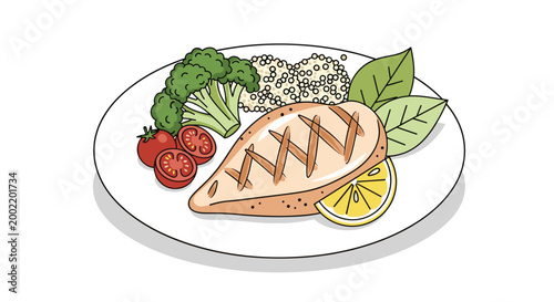 Balanced and nutritious plate features a succulent grilled chicken breast, fluffy quinoa, vibrant broccoli florets, juicy cherry tomatoes, and fresh basil leaves, a complete healthy meal.