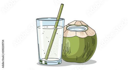 Refreshing whole green coconut, prepared for drinking, is presented alongside a clear glass of coconut water with a straw, epitomizing tropical hydration.