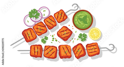 Two tantalizing skewers of grilled paneer tikka are presented with a vibrant green mint chutney, a fresh lemon wedge, and scattered cilantro, a savory Indian delicacy.