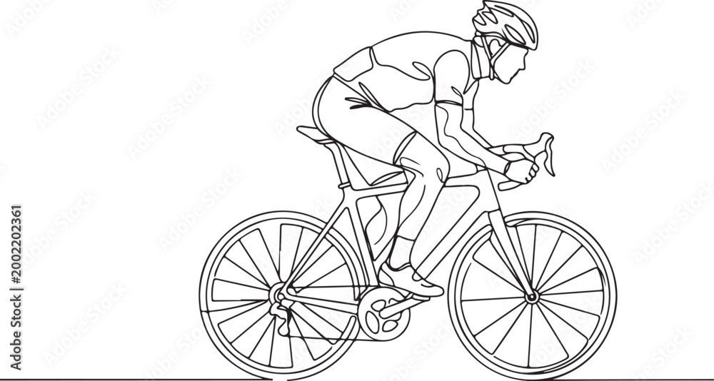 Obraz premium Line drawing of racing cyclist riding fast on racer bike professional sports competition concept
