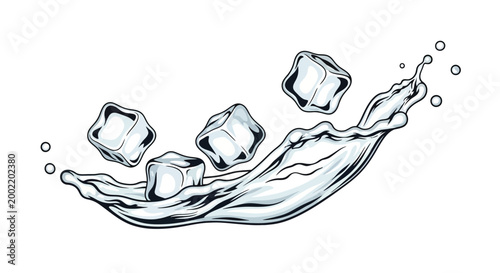 ice cubes splashing into water illustration high quality