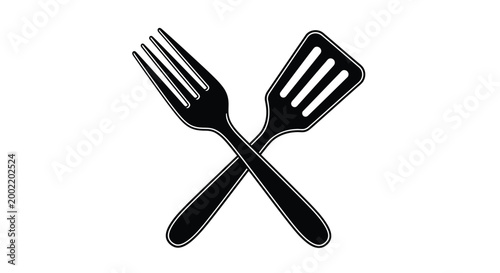 crossed fork and spatula silhouette on white background