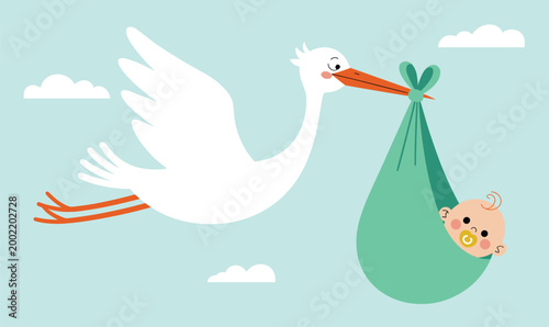 Stork Delivering a Baby: An adorable illustration of a stork in mid-flight, carrying a baby. childbirth symbol, newborn arrival, baby announcement, joyful moment, family life.