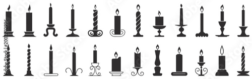Candle Collection: A variety of candle silhouettes for illumination. Candle art, light source, decoration element, darkness presence, candle shapes.