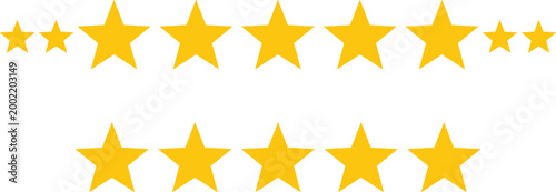 Golden star rating icons set with different sizes in rows for review feedback and quality evaluation design