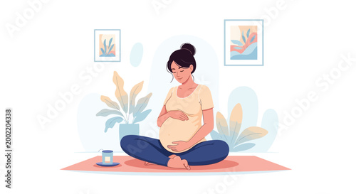 Pregnant woman meditates on yoga mat at home with plants